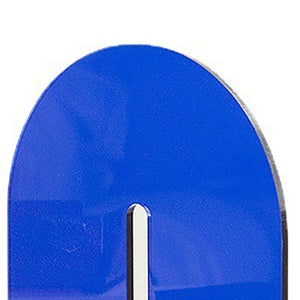 Acrylic Book End in glossy solid blue acrylic, with a rounded top and a narrow vertical slot near the base