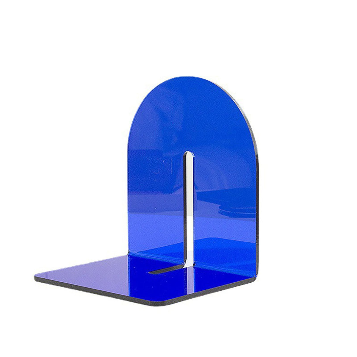 Acrylic Book End in vivid translucent blue acrylic, with a glossy L-shaped base and rounded upright panel featuring a narrow slot.