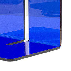 Acrylic Book End in vivid translucent blue acrylic, with a thick glossy L-shaped design and rounded lower edges