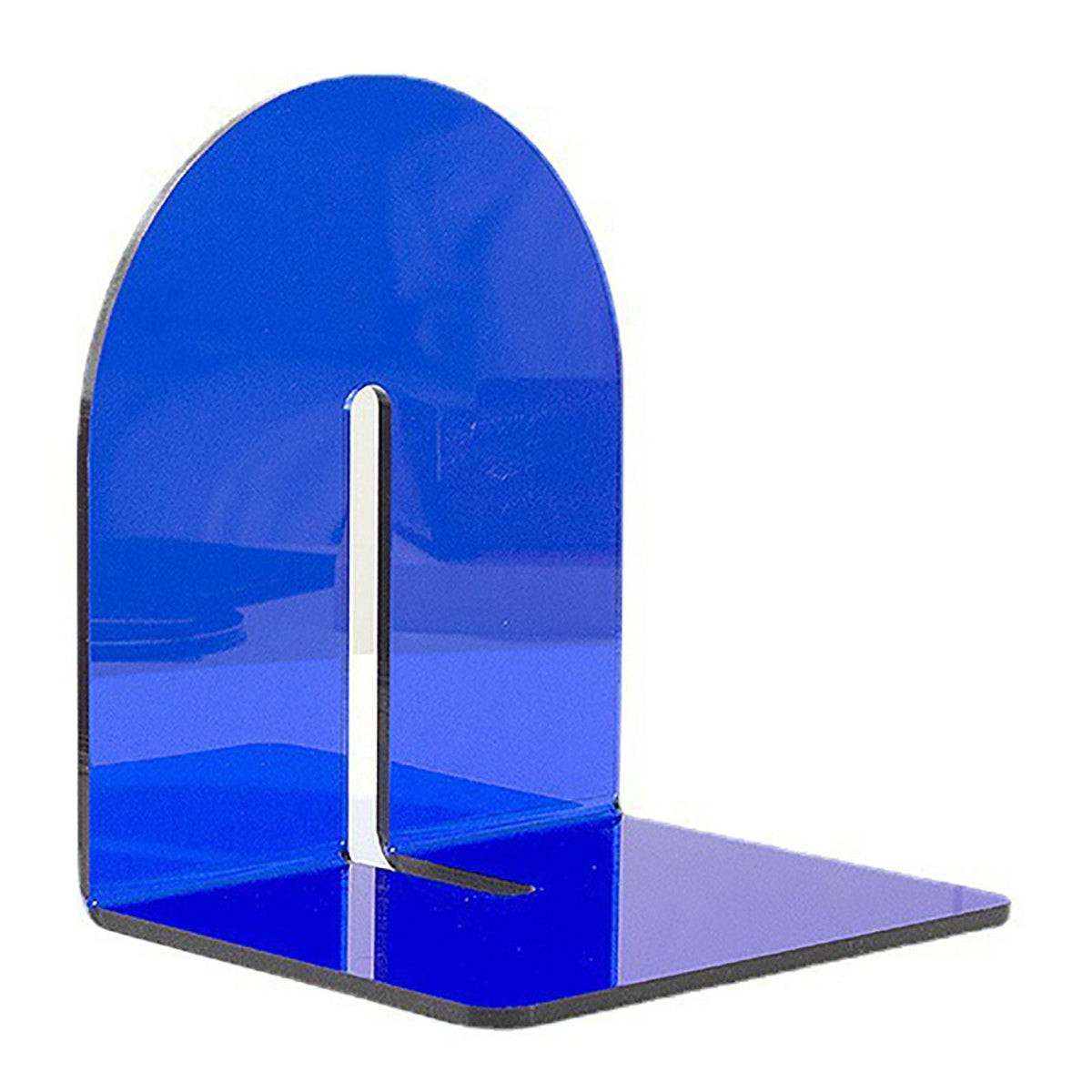 Acrylic Book End in glossy translucent blue acrylic, with a thick L-shaped base and rounded upright panel