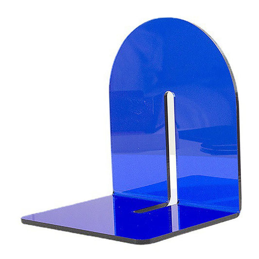 Acrylic Book End in vivid translucent blue acrylic, with a thick L-shaped base and rounded upright panel