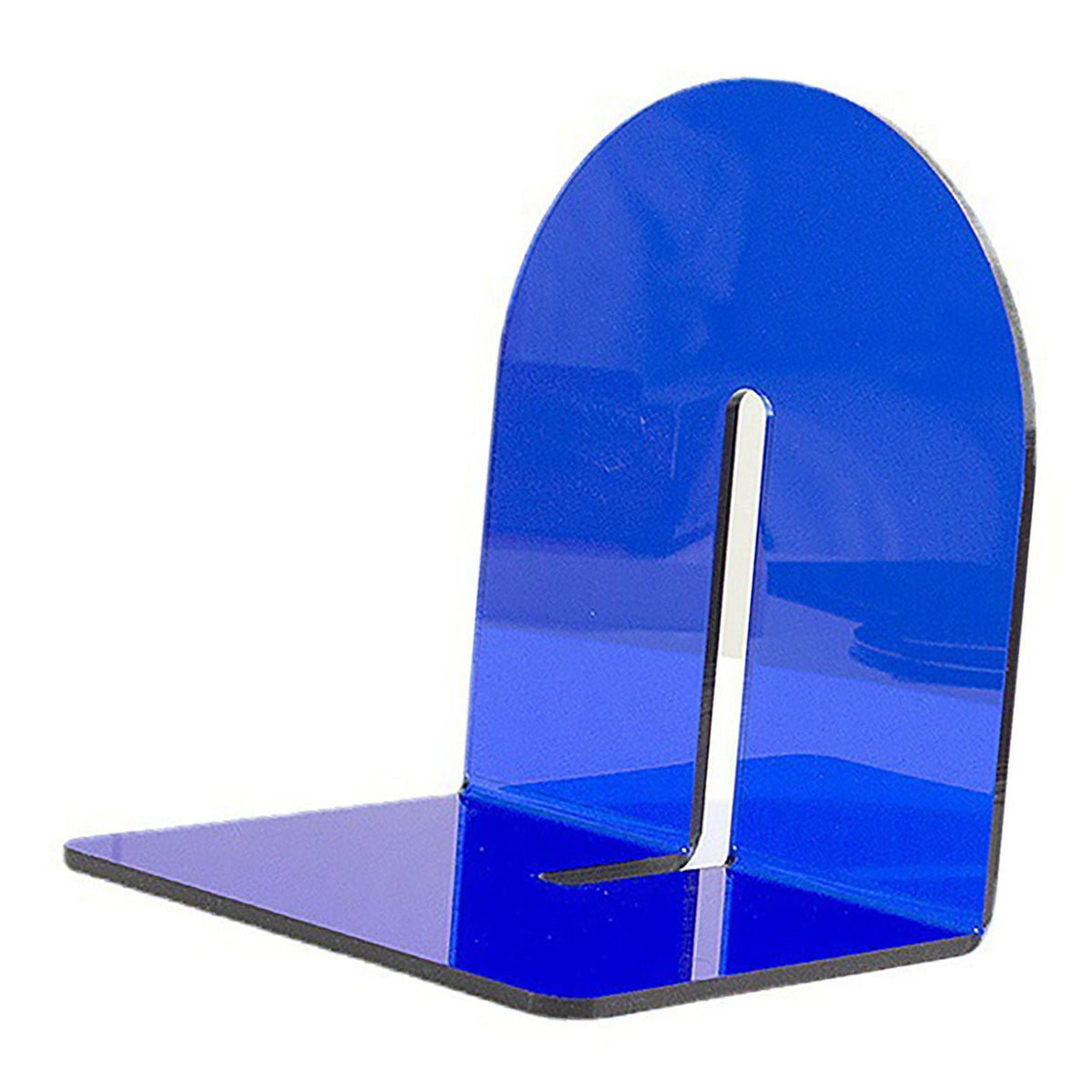 Acrylic Book End in vivid translucent blue acrylic, with a thick L-shaped base and rounded upright panel