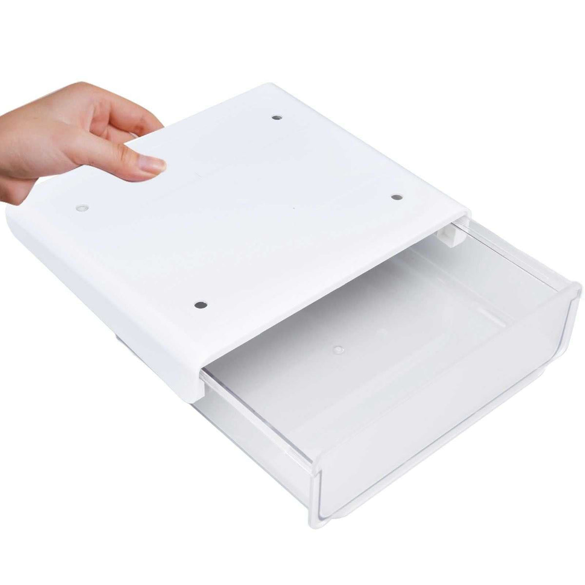 Acrylic Drawer Storage in clear acrylic with a white mounting plate and a pull-out drawer for concealed desk organization
