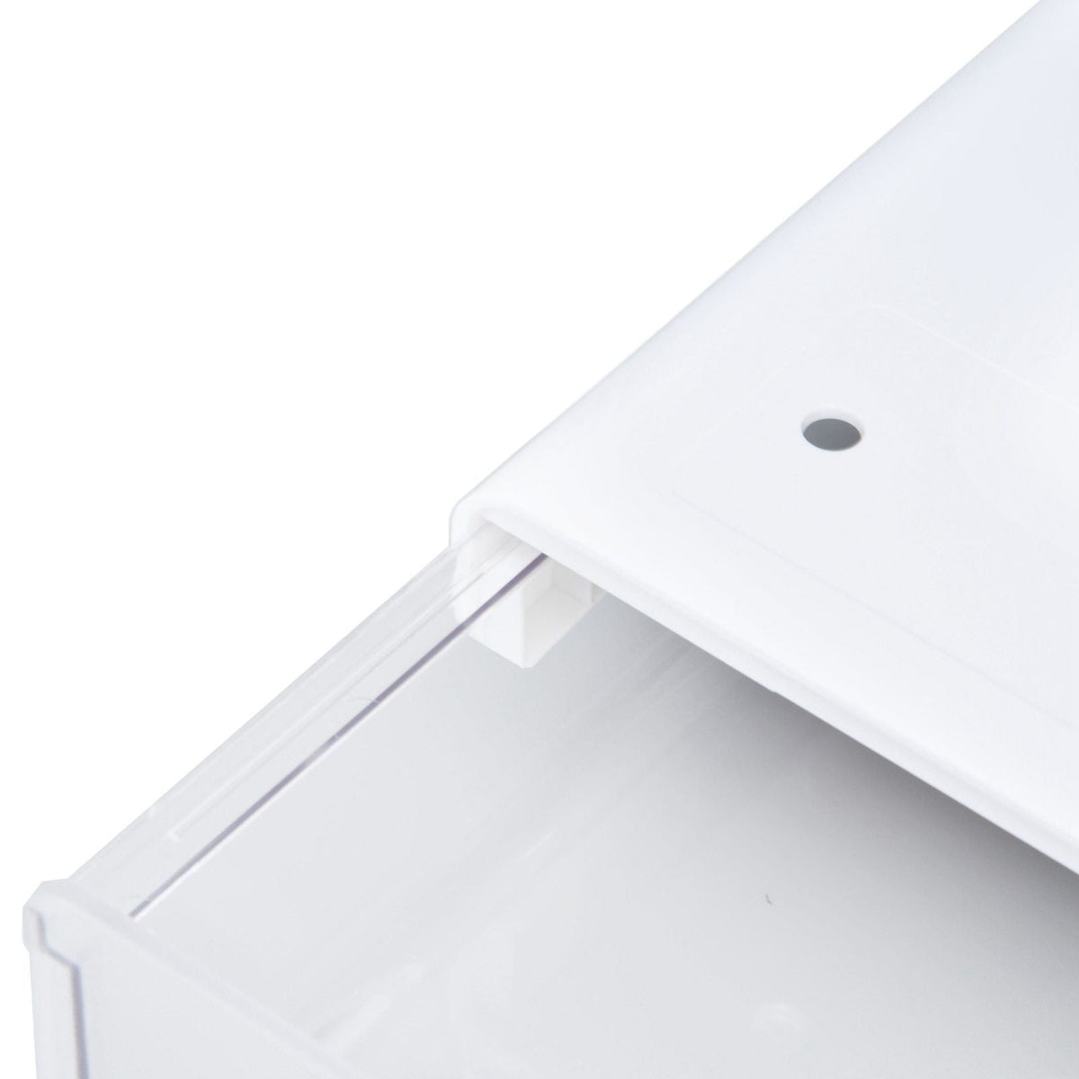 Acrylic Drawer Storage in clear acrylic, featuring a shallow pull-out compartment and a white mounting panel with a small hole.