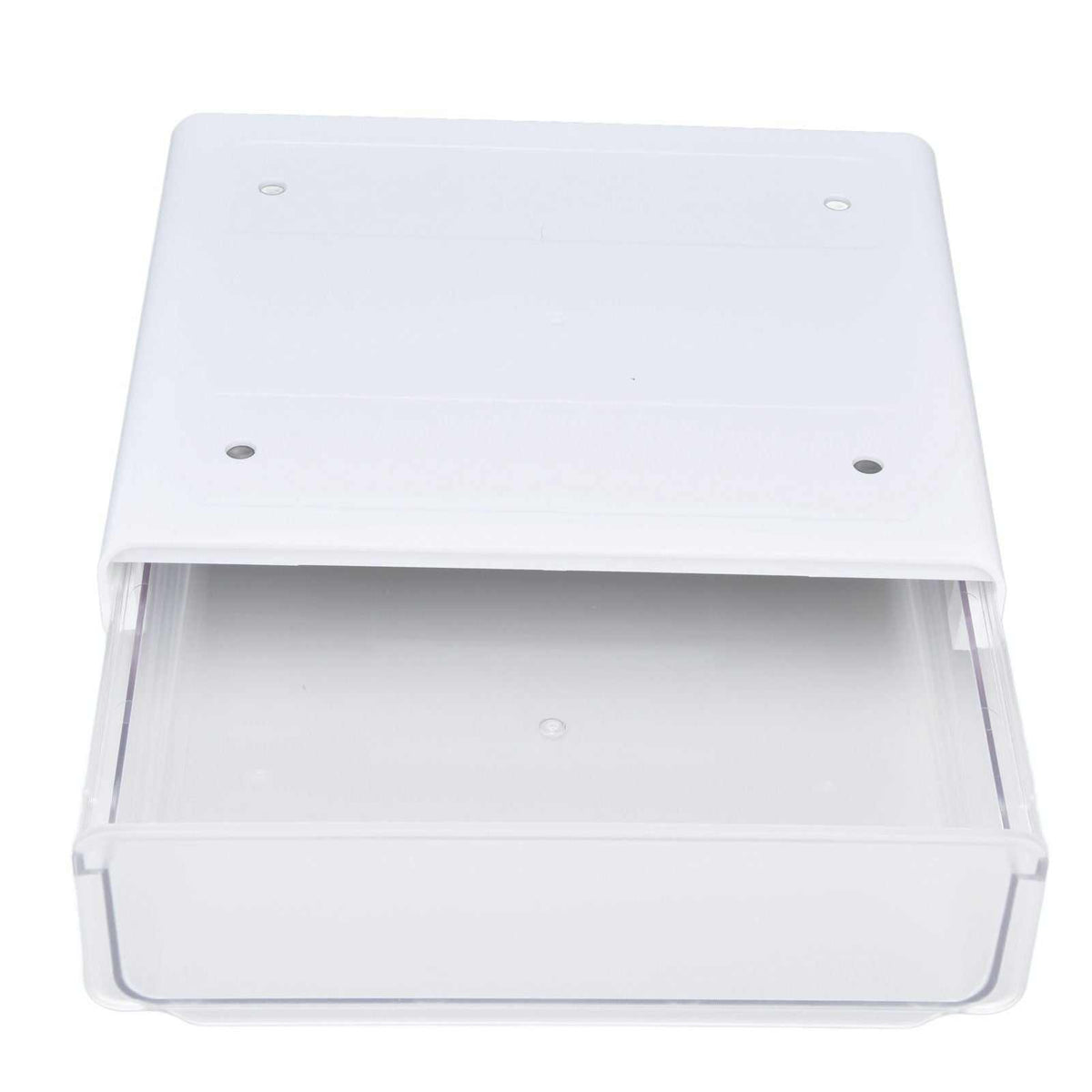 Acrylic Drawer Storage, a translucent clear drawer with a white mounting top and a wide pull-out compartment