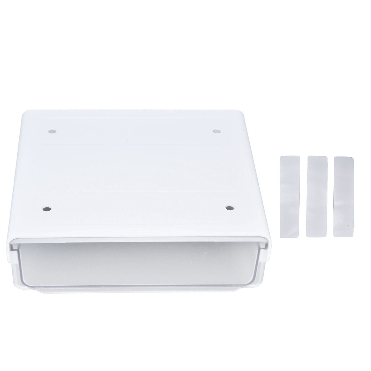 Acrylic Drawer Storage box in translucent white acrylic with a concealed sliding drawer and three adhesive pads