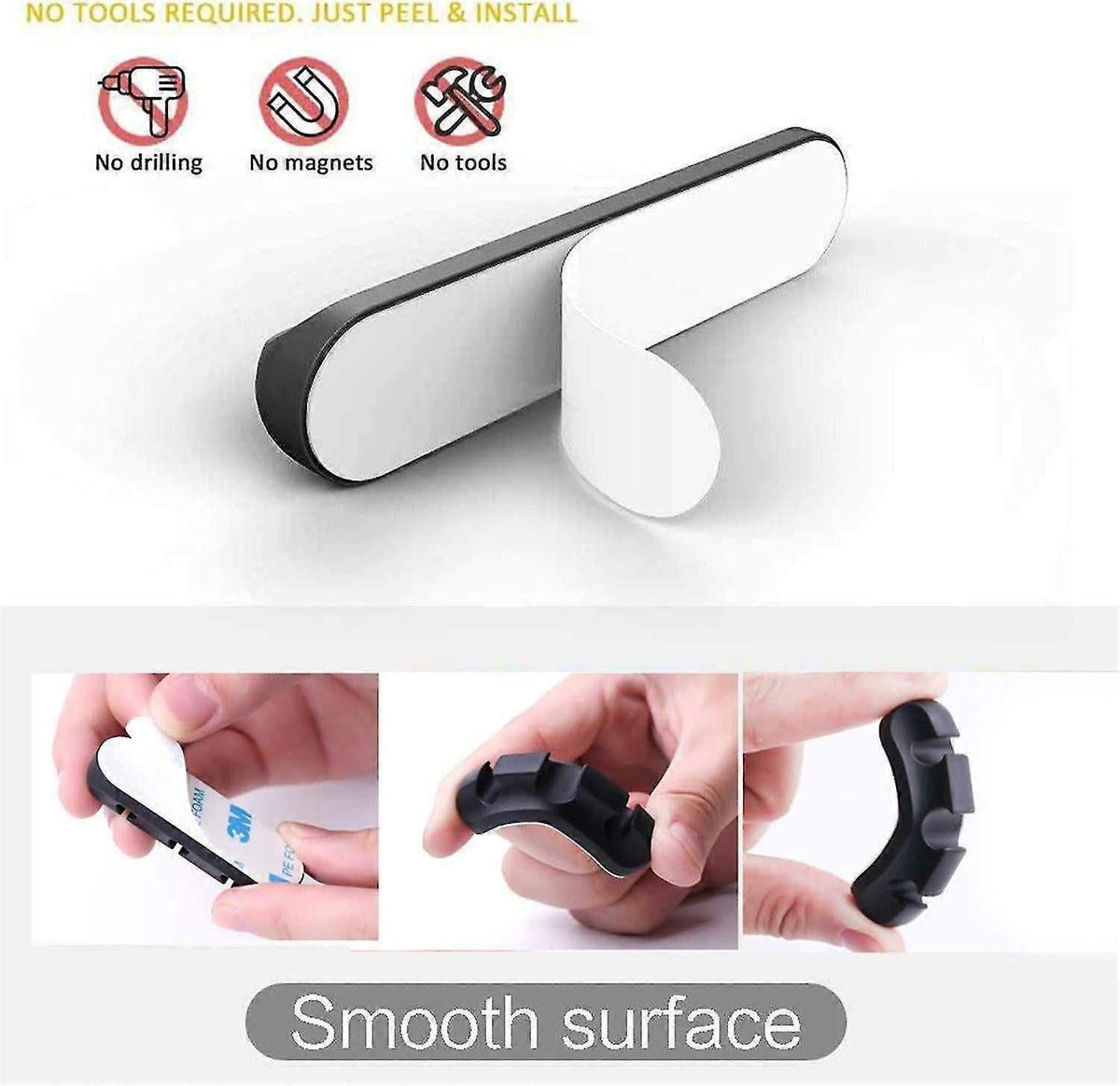 Adhesive Cable Clips shown as a black flexible cable holder with peel-and-stick backing and a smooth surface
