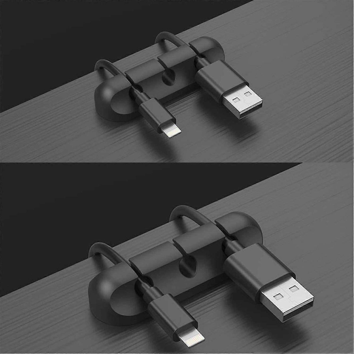 Adhesive Cable Clips in black silicone hold USB and charging cables in place with rounded, grooved holders