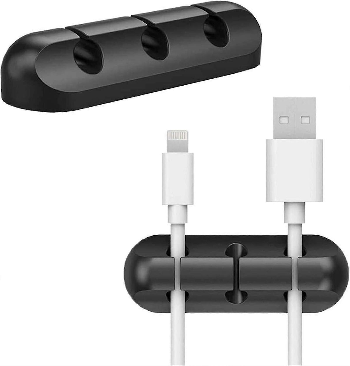 Adhesive Cable Clips in black silicone with three rounded cord slots, holding white charging cables neatly in place