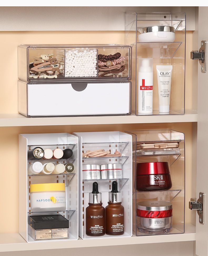 Adhesive Side Pull Drawer organiser in clear acrylic with sliding compartments and drawers storing cosmetics and accessories