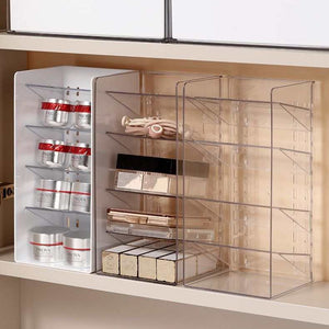 Adhesive Side Pull Drawer organiser in clear tinted acrylic with transparent pull-out compartments and cosmetic storage shelves