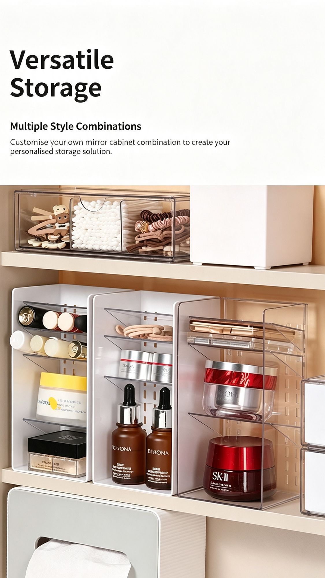 Adhesive Side Pull Drawer organisers in clear acrylic with transparent pull-out drawers and compartments for vanity storage