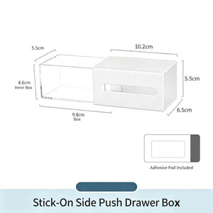 Adhesive Side Pull Drawer organiser in white with a clear pull-out inner box and slim front handle, plus adhesive pad