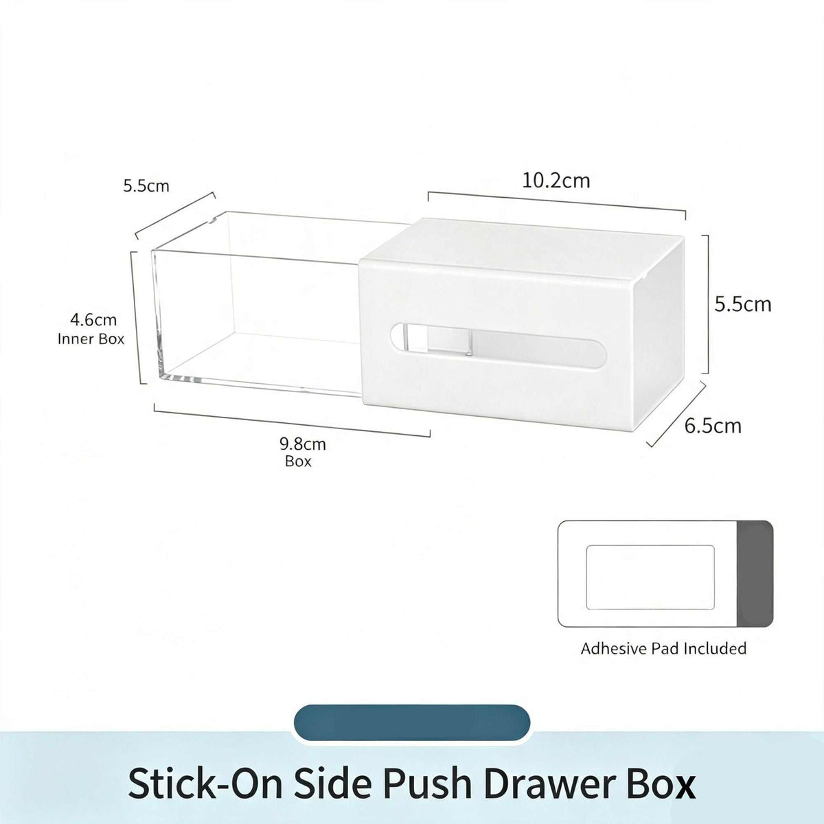 Adhesive Side Pull Drawer organiser in white with a clear pull-out inner box and slim front handle, plus adhesive pad