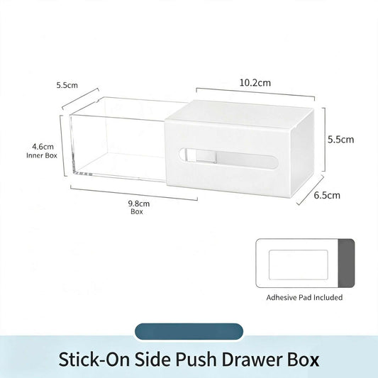 Adhesive Side Pull Drawer organiser in white with a clear pull-out inner box and slim front handle, plus adhesive pad
