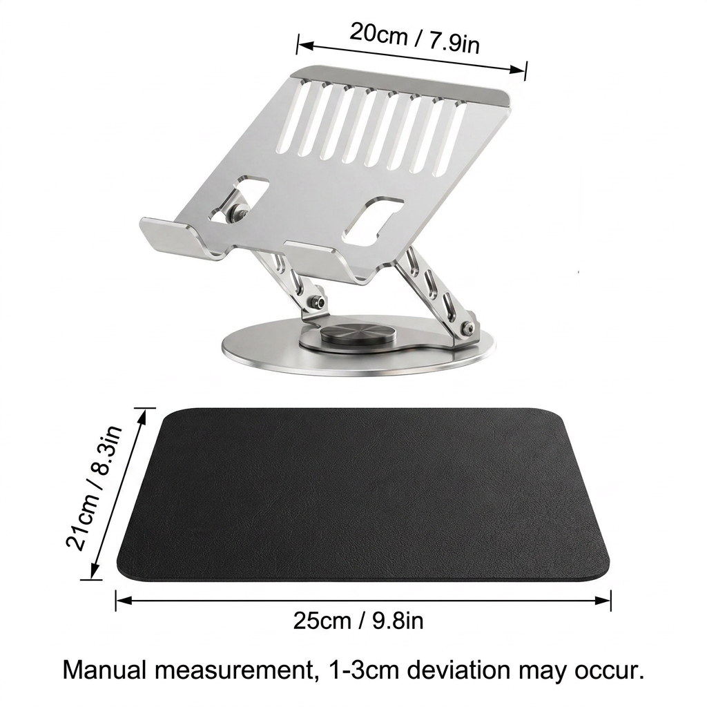Adjustable aluminum alloy laptop stand in silver with slotted platform and rotating base, shown with a black mouse pad