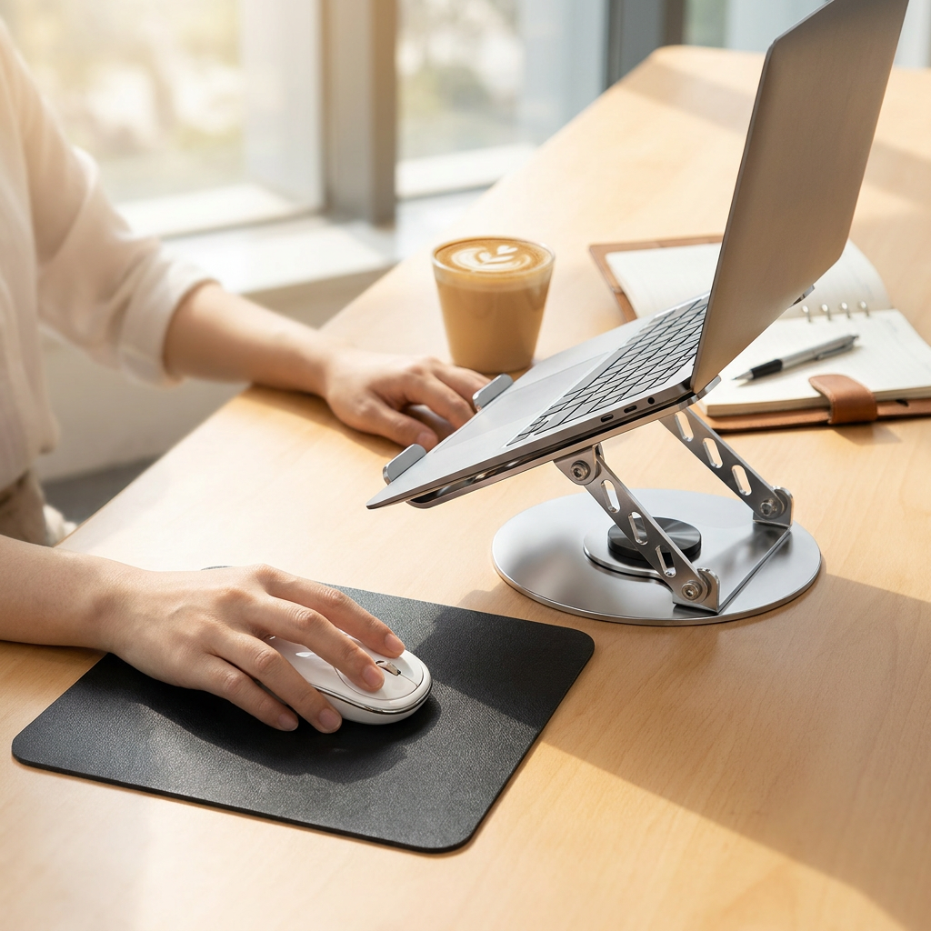 Adjustable aluminum alloy laptop stand in silver with an open-frame lift and circular rotating base, shown holding a laptop beside a black mouse pad.