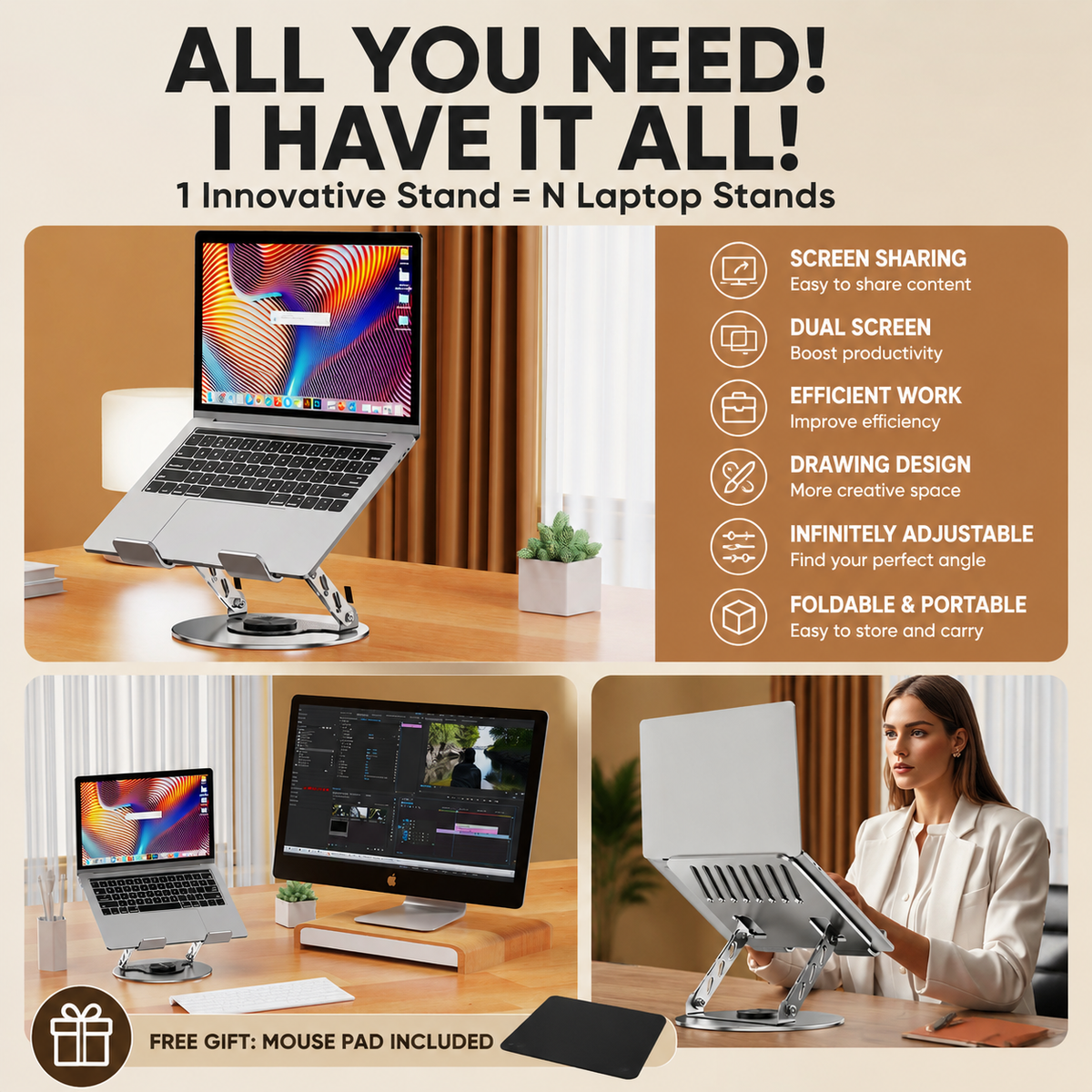 Adjustable aluminum alloy laptop stand in silver with a slotted open-frame platform, adjustable arms, and round rotating base