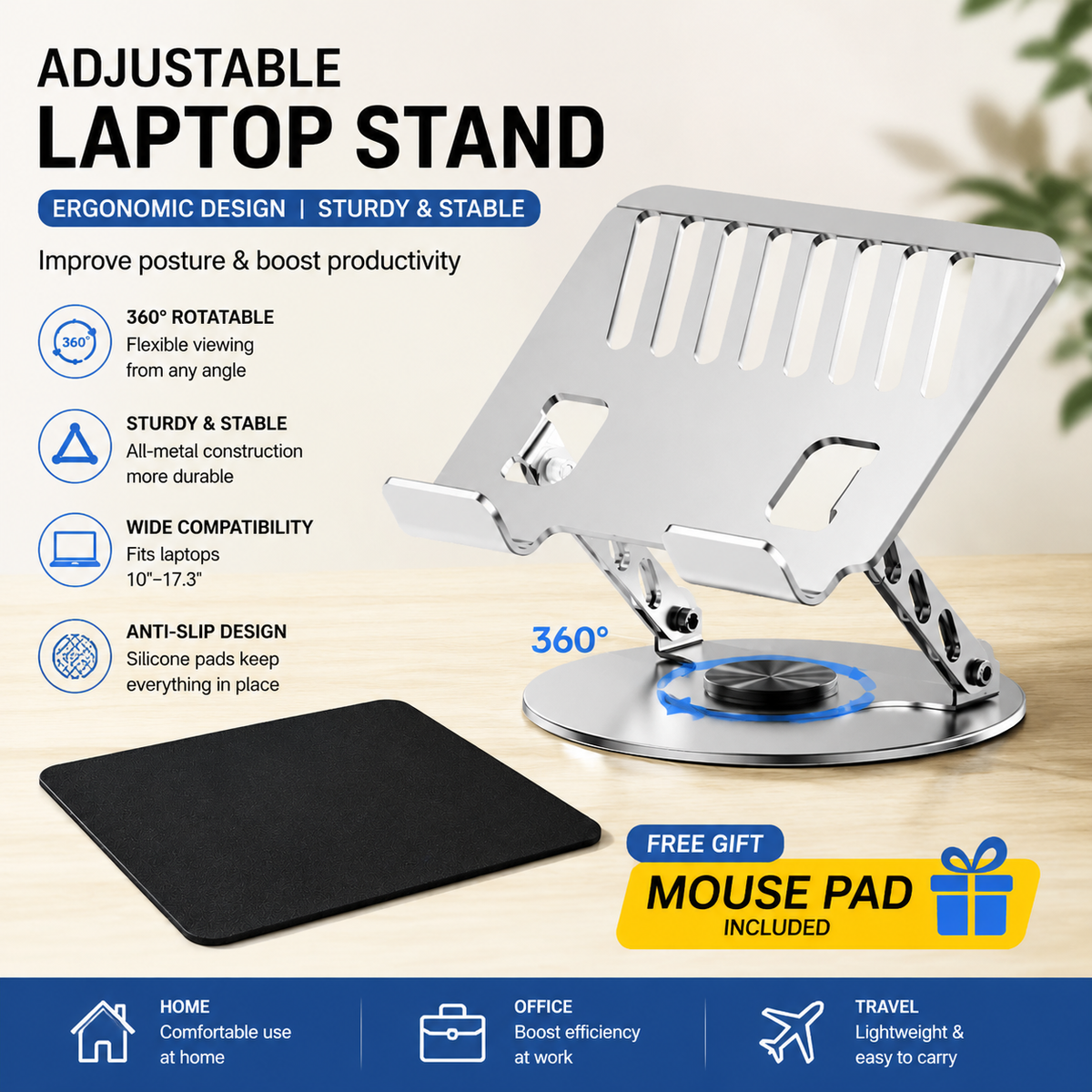 Adjustable aluminum alloy laptop stand with a silver slotted platform, adjustable supports and circular rotating base, beside a black mouse pad