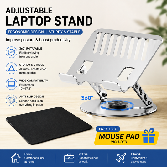 Adjustable aluminum alloy laptop stand with a silver slotted platform, adjustable supports and circular rotating base, beside a black mouse pad
