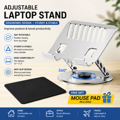 360° Rotatable Laptop Stand with Mouse Pad – Aluminium, 20x20cm