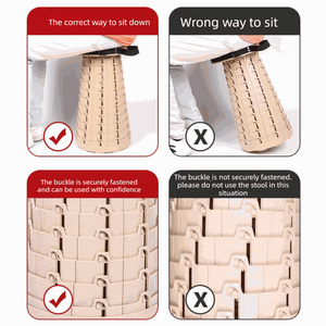 Adjustable Folding Stool in beige interlocking plastic, shown upright and tilted with close-ups of secured and unfastened buckles