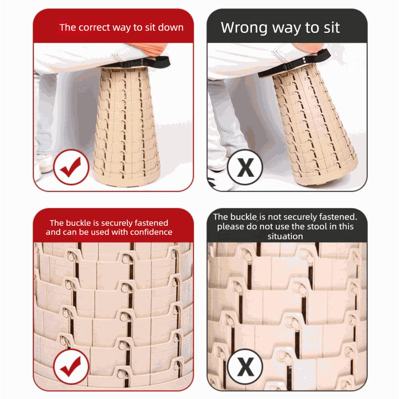 Adjustable Folding Stool in beige interlocking plastic, shown upright and tilted with close-ups of secured and unfastened buckles