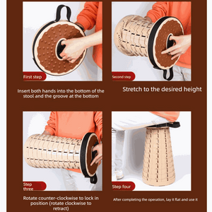 Adjustable Folding Stool made from beige interlocking plastic with round brown textured seats and a locking design