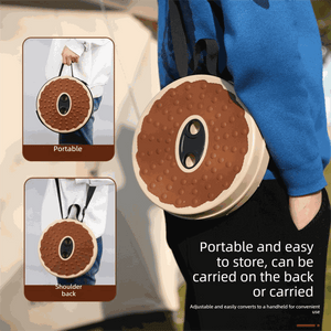 Adjustable Folding Stool with a brown dotted circular seat, cream rim, central handle opening and carry strap.