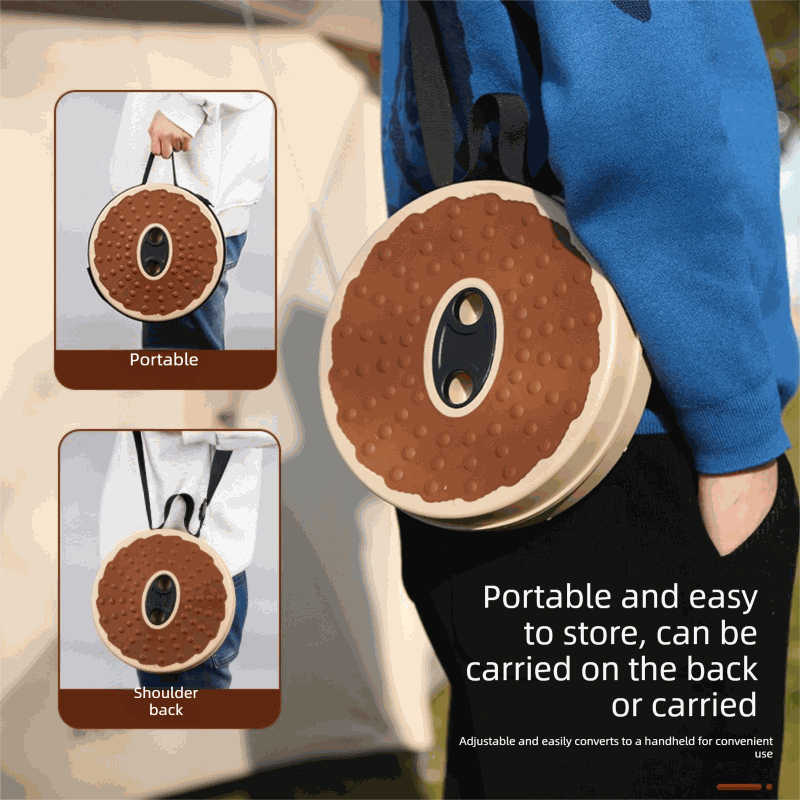 Adjustable Folding Stool with a brown dotted circular seat, cream rim, central handle opening and carry strap.