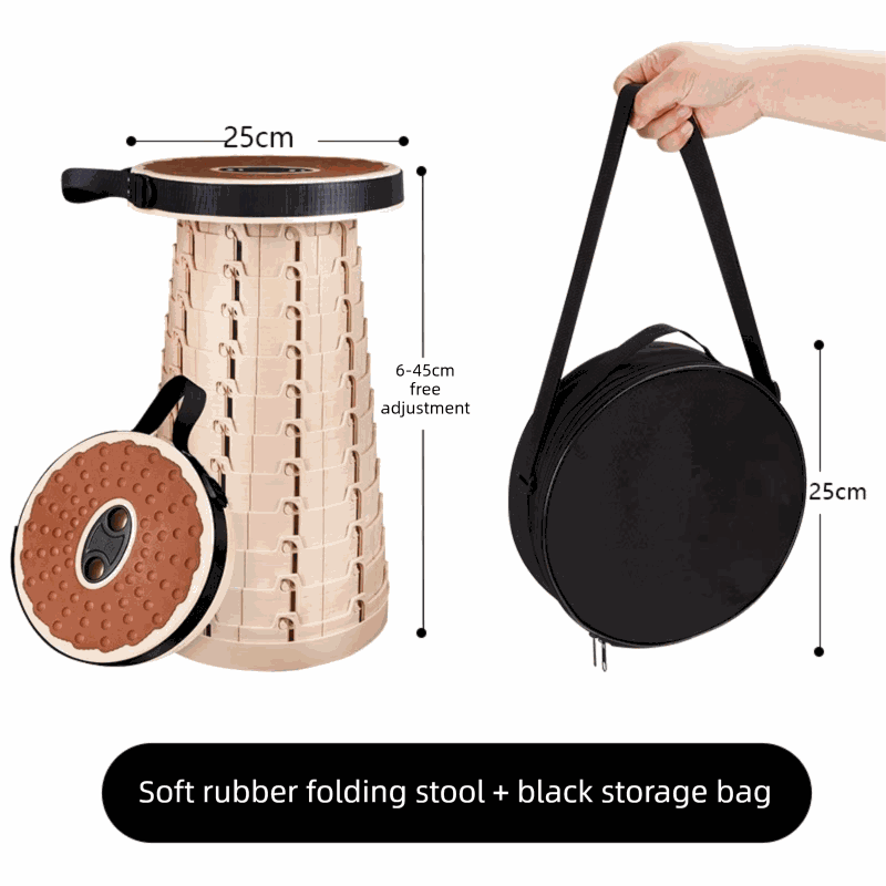 Adjustable Folding Stool with a cream interlocking plastic base, brown textured rubber seat, and black storage bag