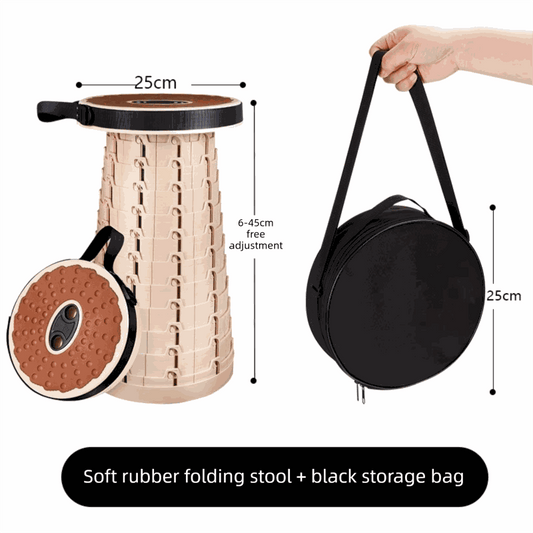 Adjustable Folding Stool with a cream interlocking plastic base, brown textured rubber seat, and black storage bag