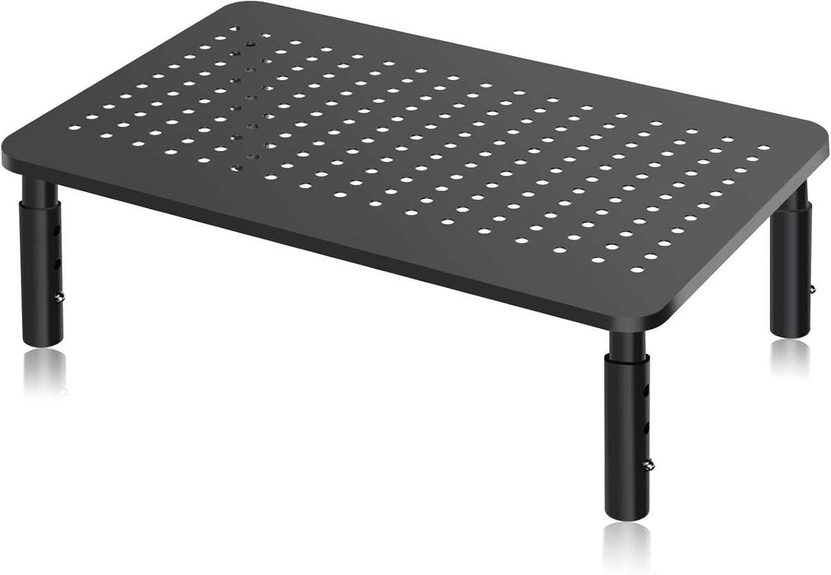 Adjustable Metal Monitor Riser in black coated metal with a perforated mesh platform and adjustable legs.