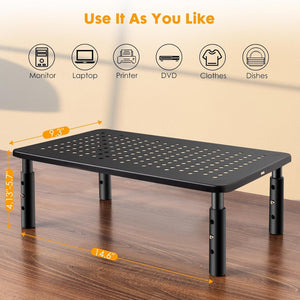 Adjustable Metal Monitor Riser in black metal with a perforated platform and four adjustable legs for varied uses