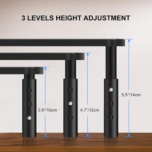 Adjustable Metal Monitor Riser in black metal, shown at three height settings with perforated platform legs