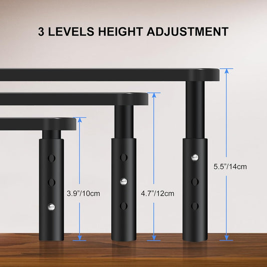 Adjustable Metal Monitor Riser in black metal, shown at three height settings with perforated platform legs