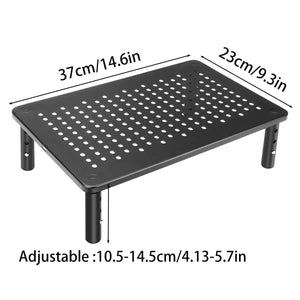 Adjustable Monitor & Laptop Riser in black iron with perforated rectangular platform and three adjustable height settings.