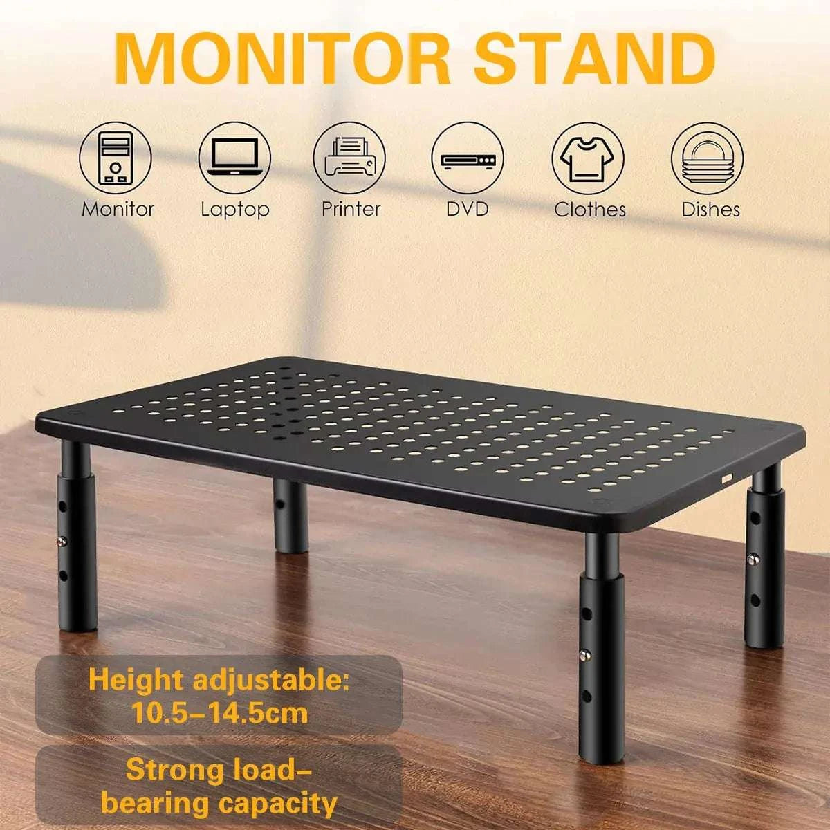 Adjustable Monitor & Laptop Riser in black iron with perforated top and three height settings from 10.5 to 14.5 cm