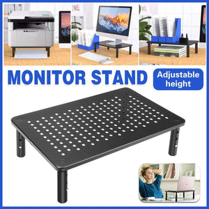 Adjustable Monitor & Laptop Riser with black perforated iron platform and three adjustable height settings for ergonomic use.