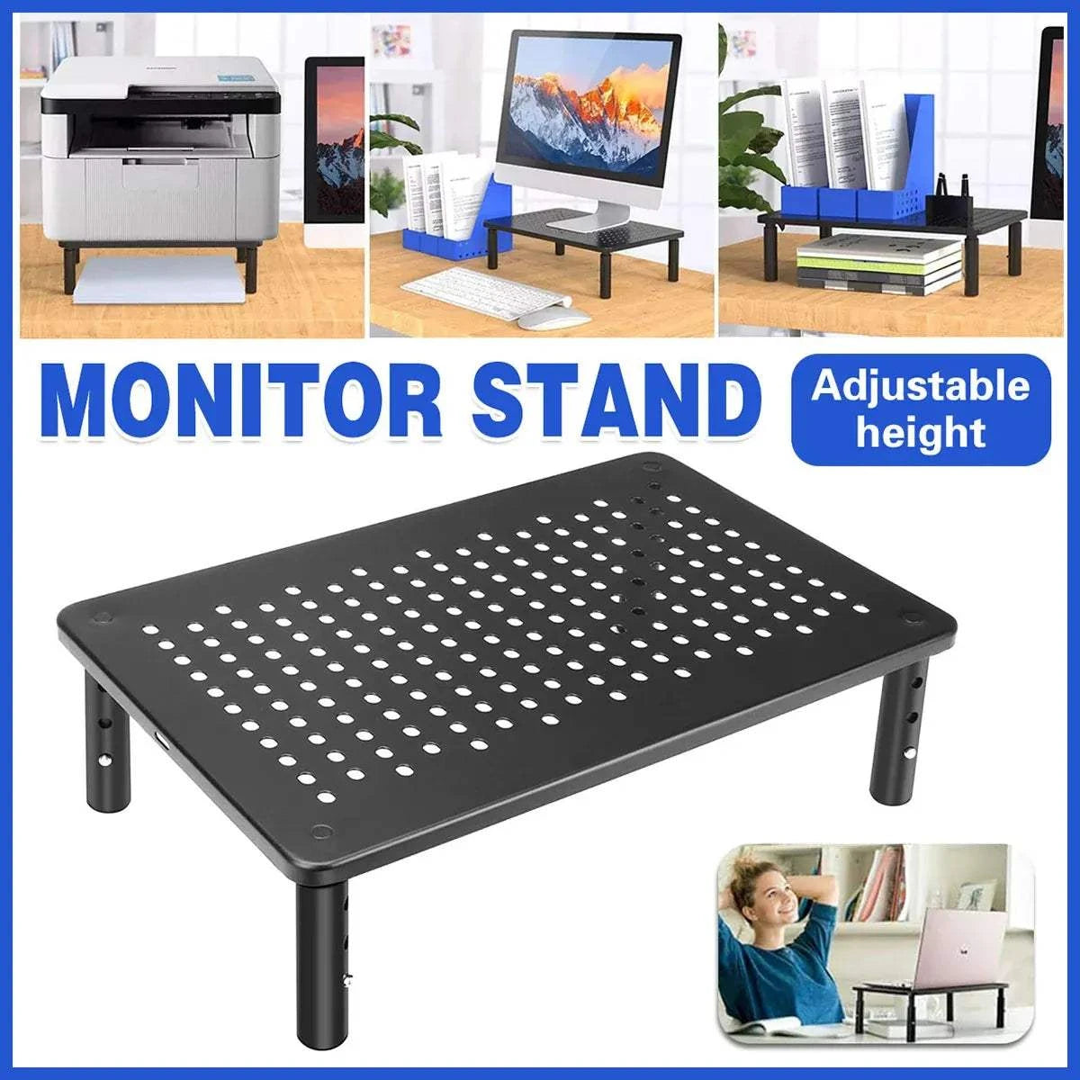 Adjustable Monitor & Laptop Riser with black perforated iron platform and three adjustable height settings for ergonomic use.