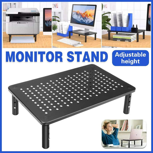 Adjustable Monitor & Laptop Riser with black perforated iron platform and three adjustable height settings for ergonomic use.