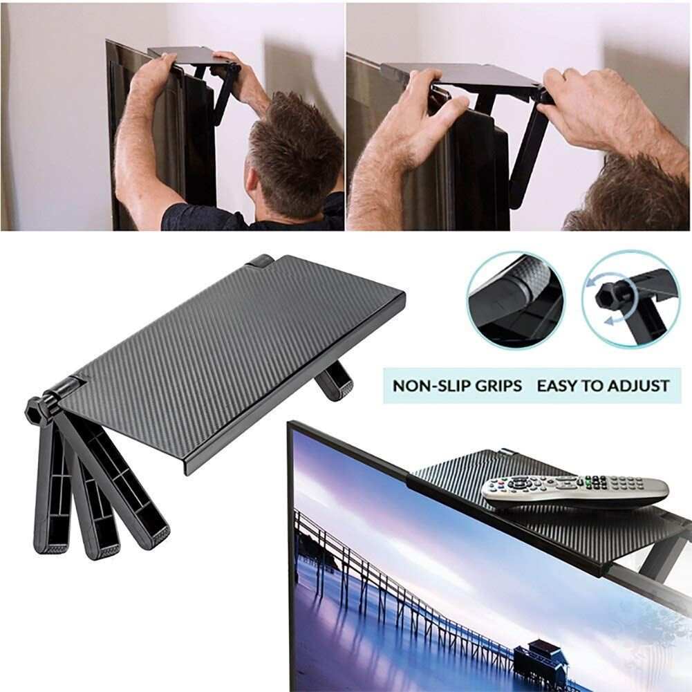 Adjustable Monitor Stand in black textured plastic with folding legs, non-slip grips and adjustable support for screens