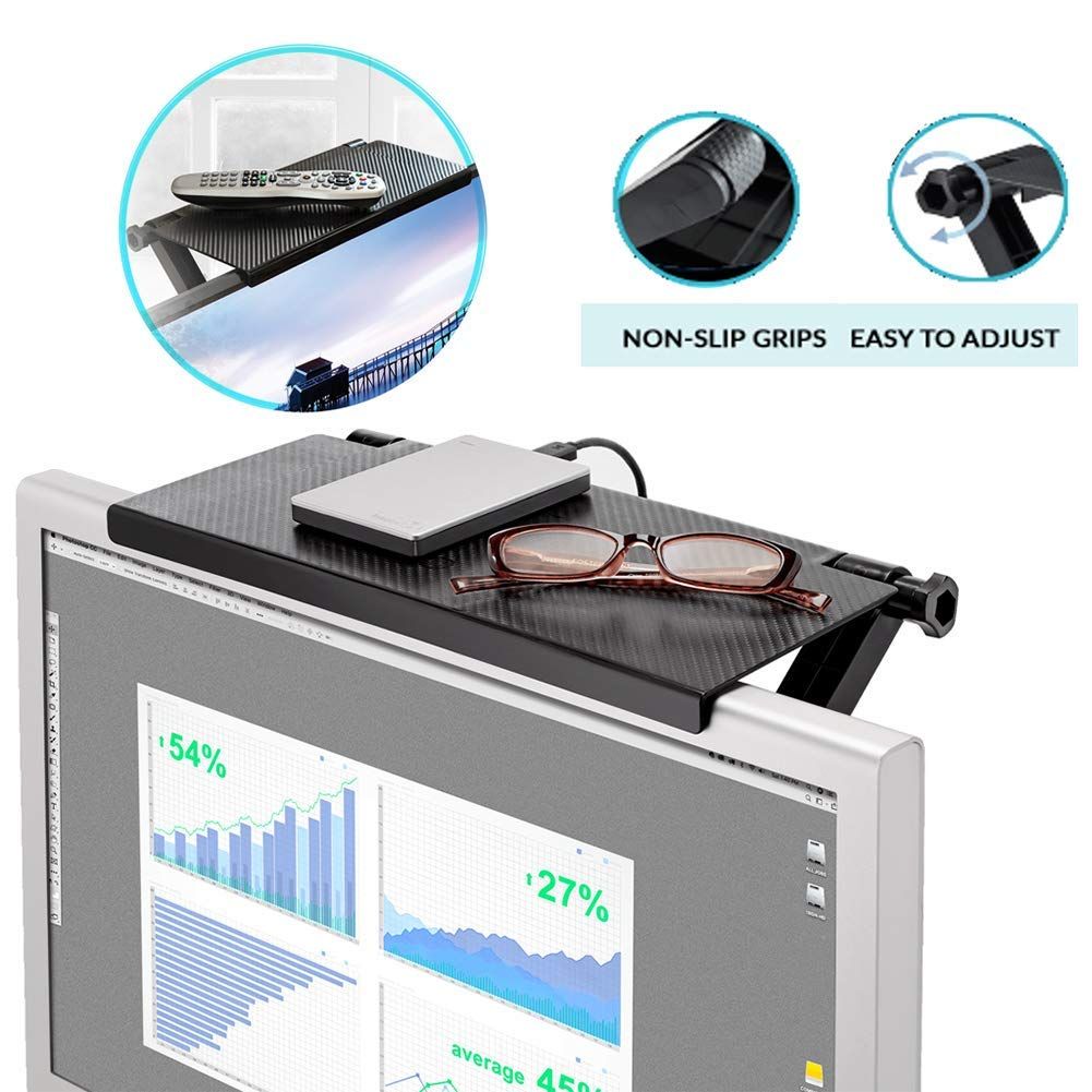 Adjustable Monitor Stand with a black ridged non-slip platform, silver frame and adjustable support arms