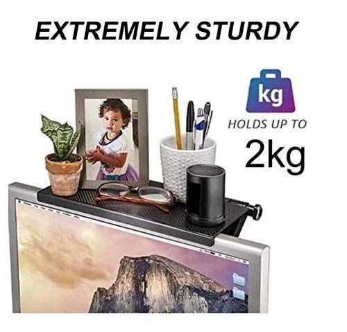 Adjustable Monitor Stand in black with a slim non-slip shelf, holding desk accessories above a monitor