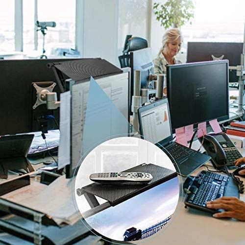 Adjustable Monitor Stand in black textured material, showing a raised platform with a slim storage shelf beneath