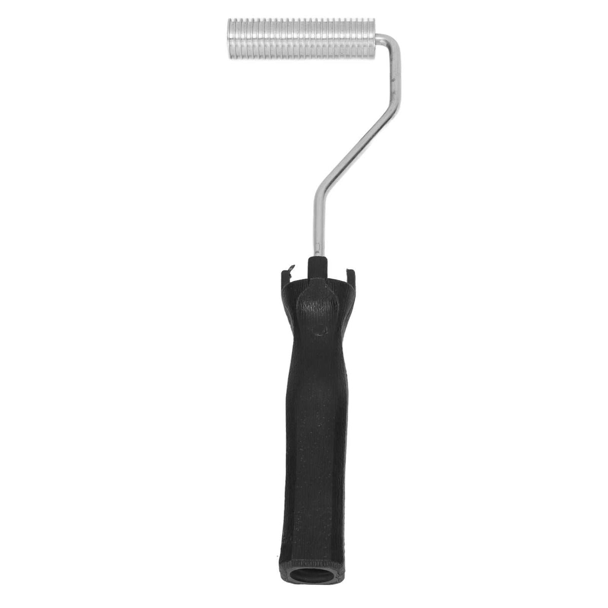 Aluminium Alloy Bubble Roller with a ridged silver metal roller, bent steel shaft and black ergonomic plastic handle