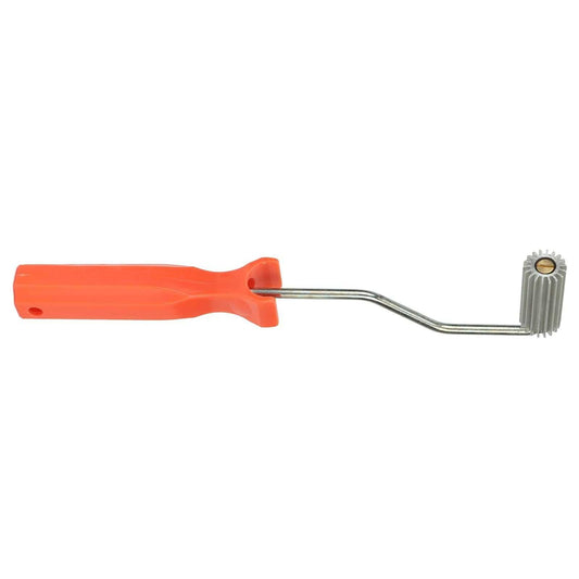 Aluminium Alloy Fiberglass Bubble Removal Roller with a bright orange plastic handle, bent metal shaft and ribbed metal roller
