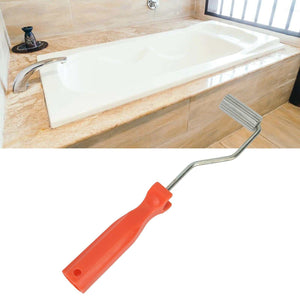 Aluminium Alloy Fiberglass Bubble Removal Roller with a ribbed metal head and bright orange plastic handle for bathtub repairs