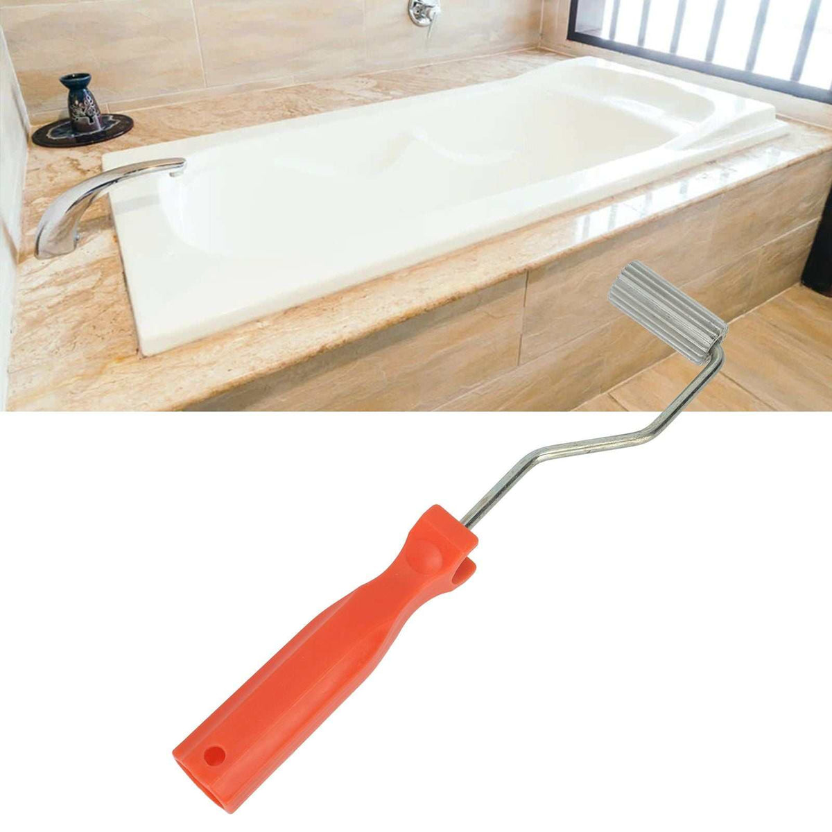 Aluminium Alloy Fiberglass Bubble Removal Roller with a ribbed metal head and bright orange plastic handle for bathtub repairs