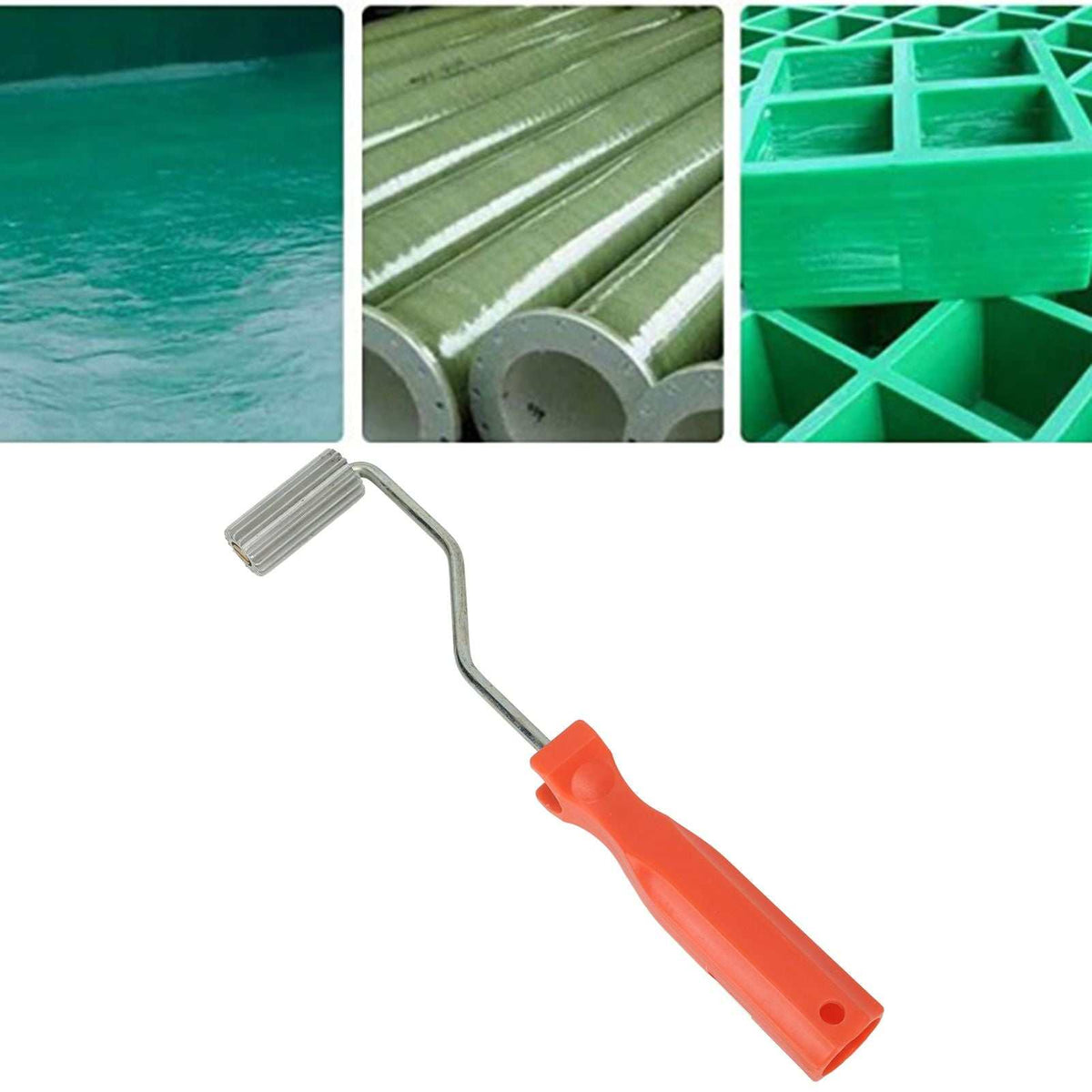 Aluminium Alloy Fiberglass Bubble Removal Roller with a ridged metal roller, bent steel shaft and orange plastic handle